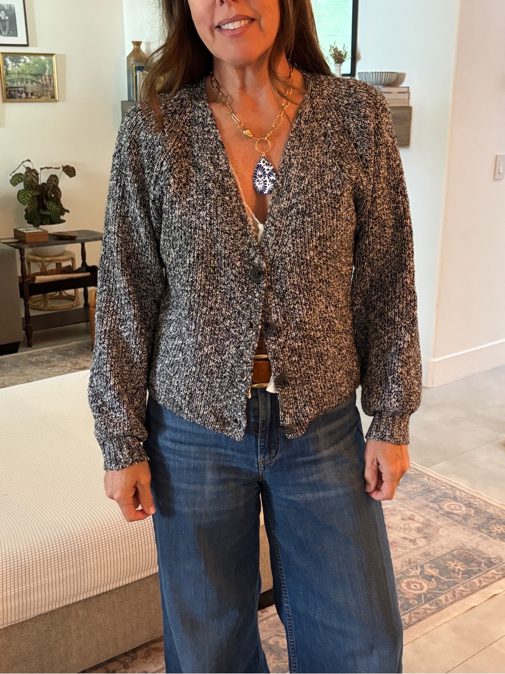 Evereve Black & White Marled Button-Front Cardigan